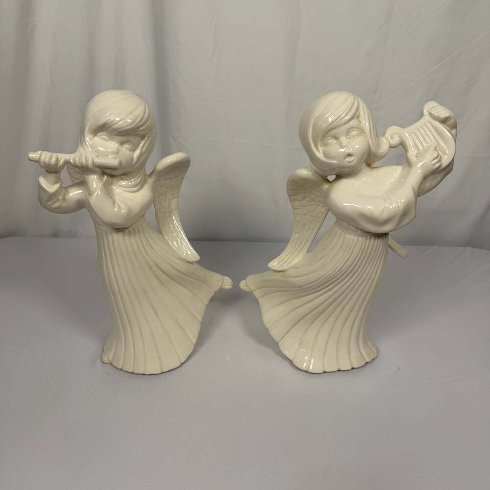 Vintage Atlantic Mold White Ceramic Musical Angels Set of 2 - Flute and Harp 11"